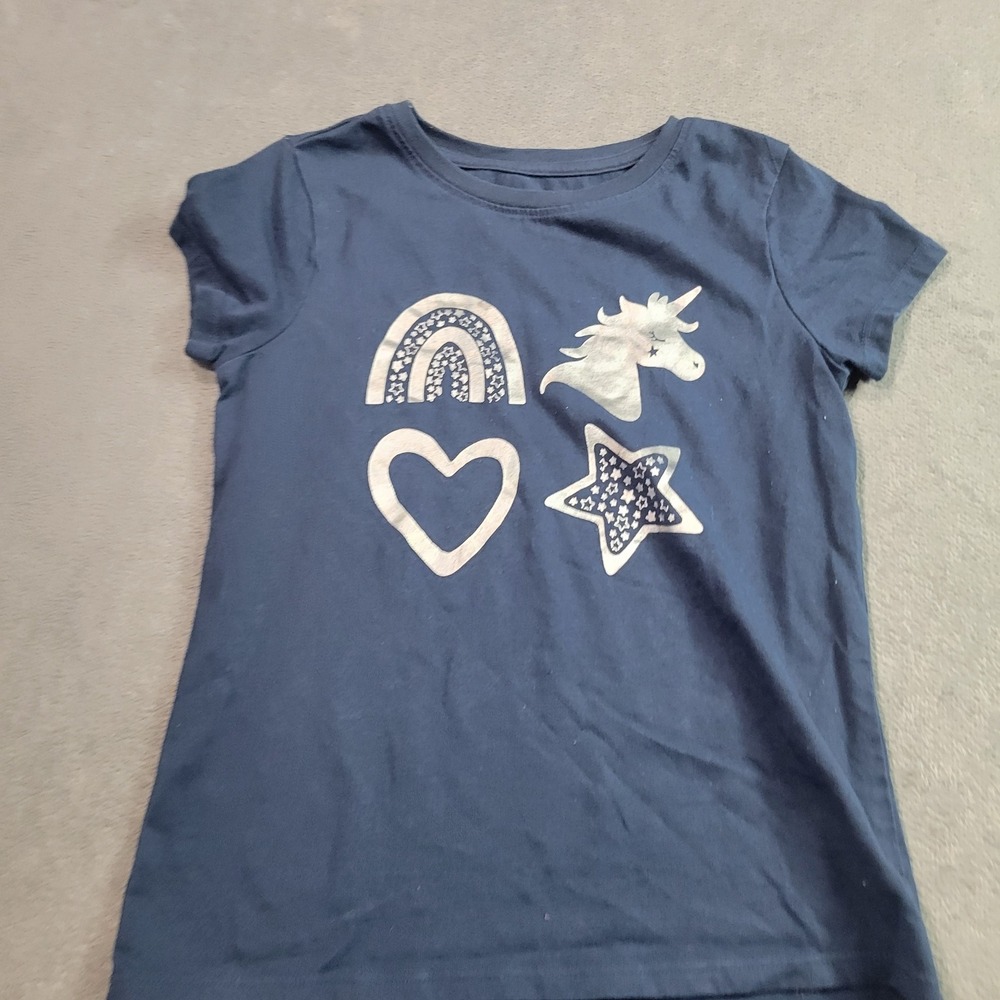 Member's Mark T-Shirt Girls S 6/6X Navy Blue Unicorn Rainbow Heart Star Foil Tee